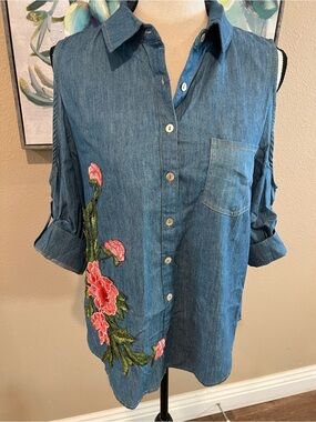 Bluebelle Blue Denim Cold-Shoulder Button-Down Shirt with Pink Floral Embroidery